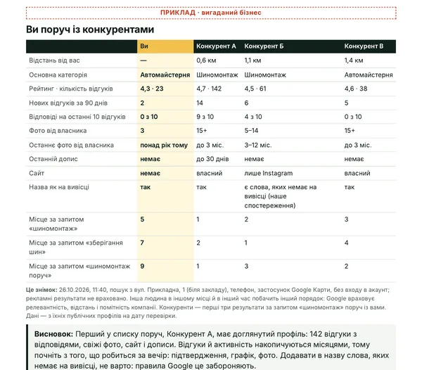 Приклад аудиту, сторінка 4: Порівняння з 3 конкурентами поруч